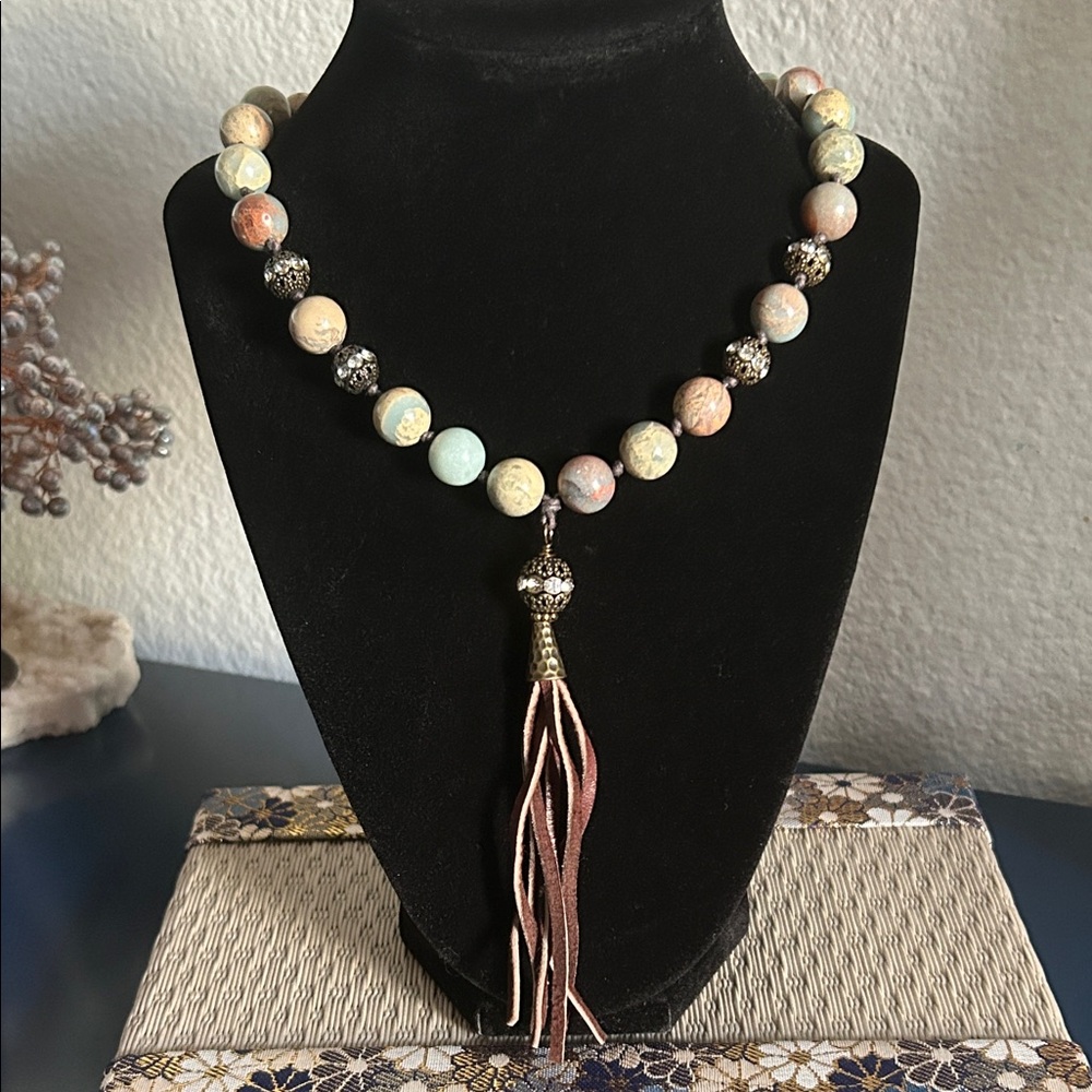 Polychrome Jasper Bead Vintage Artisan Hand Crafted Tassel Leather Cord Necklace
